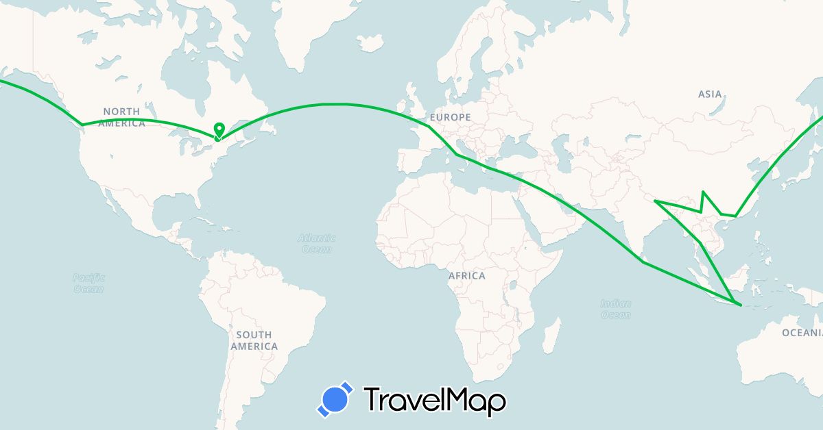 TravelMap itinerary: bus in Canada, China, France, Greece, Indonesia, Italy, Sri Lanka, Nepal, Thailand (Asia, Europe, North America)